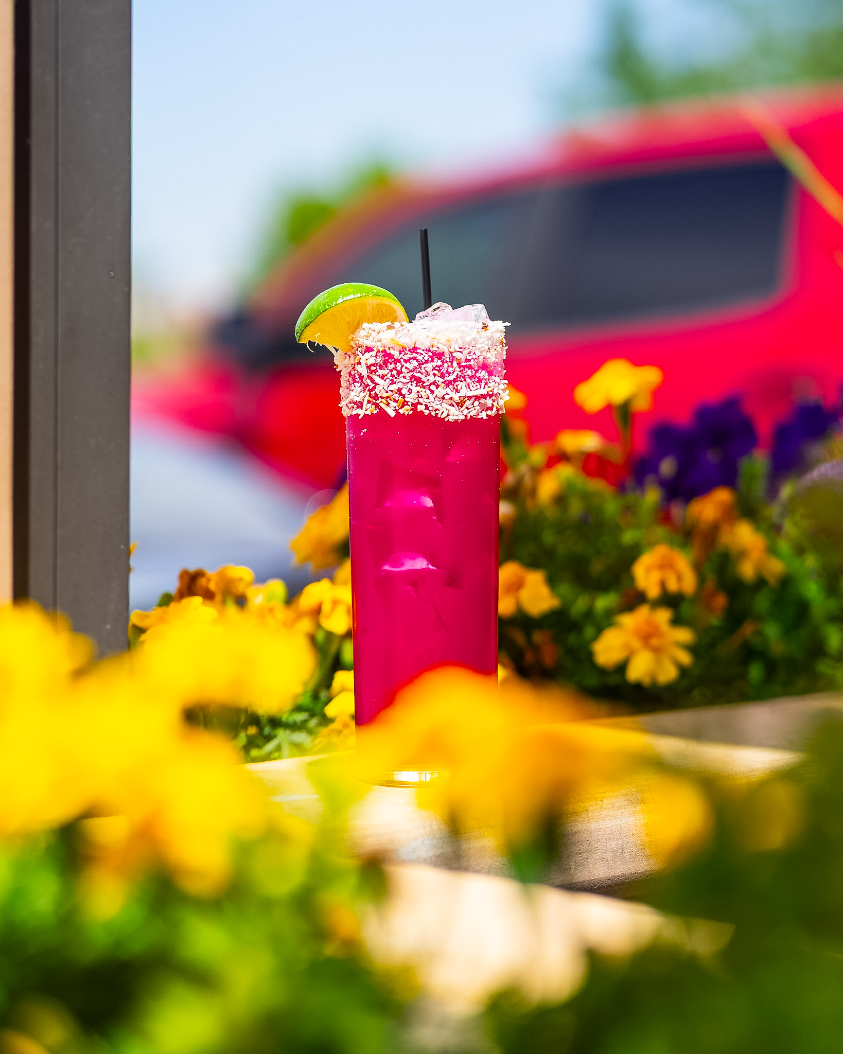 A magenta cocktail on the patio ledge in the afternoon sun at Vintage 423
